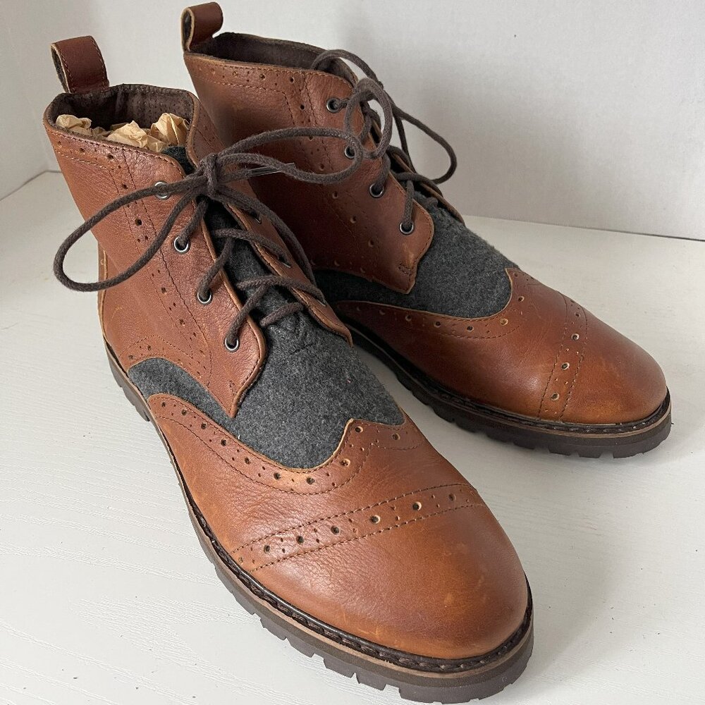 TOMS Brogue Men's Ankle Boots – Cognac Brown Leather & Grey Wool – Size 9.5 US